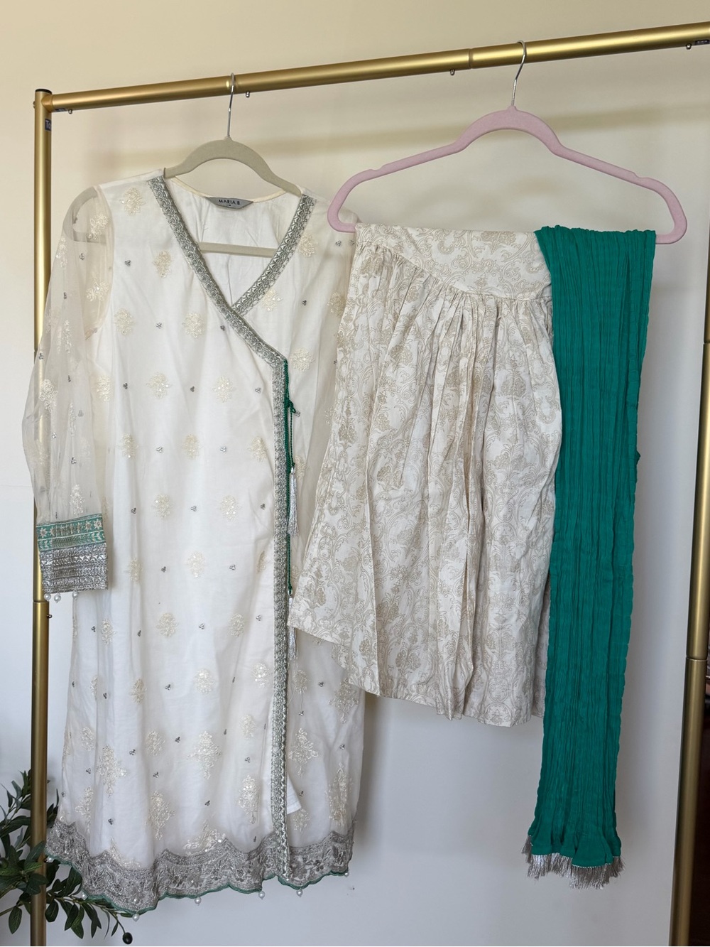 White Embroidered Kurta with Teal Dupatta and Printed cotton gharara